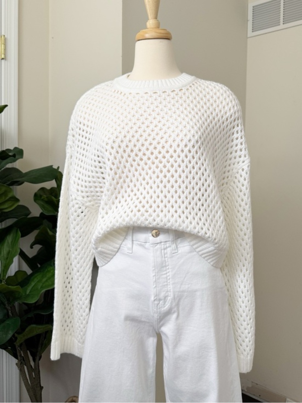 White Open-Knit Crewneck Sweater